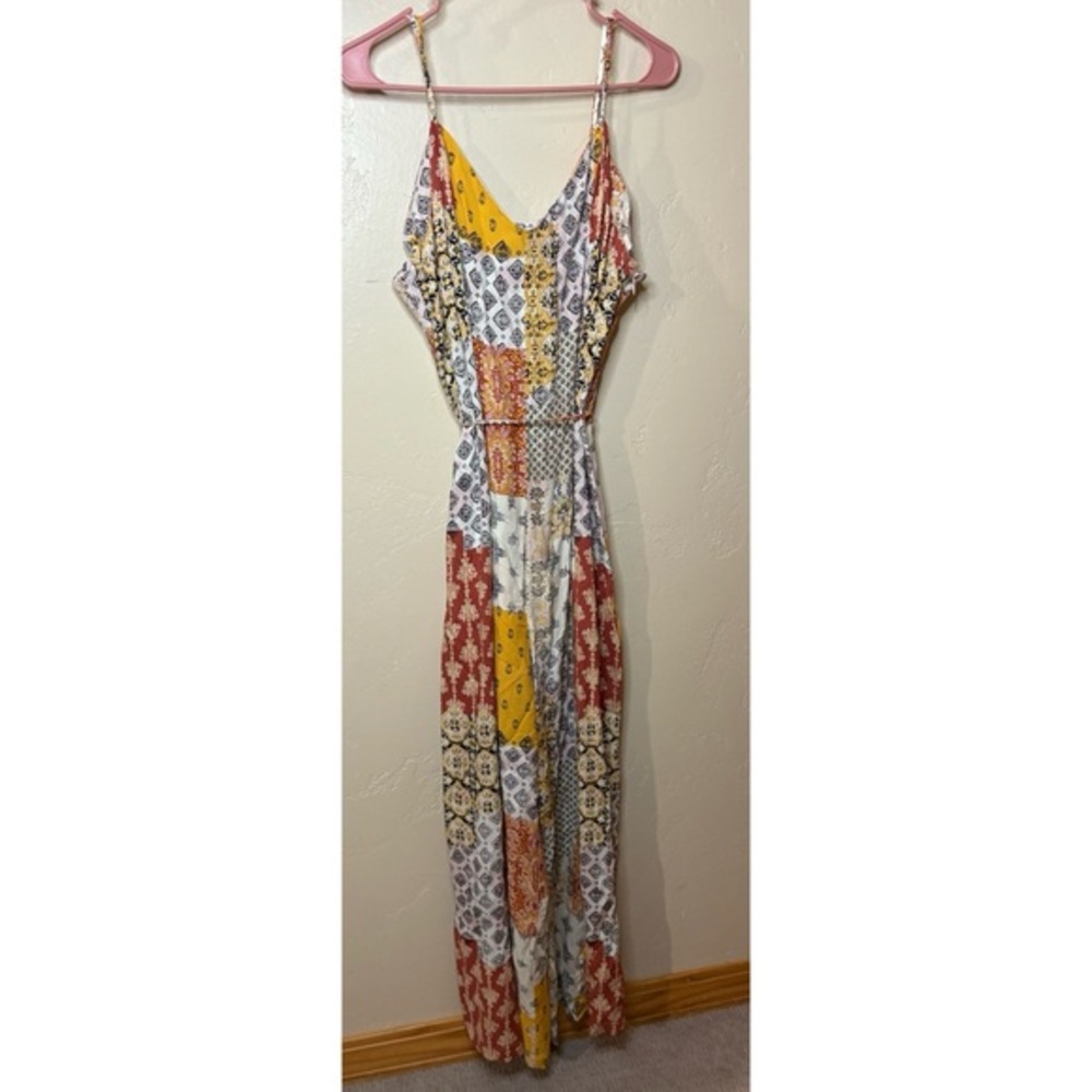 5/$25 Xhilaration Yellow, Rust & White Patchwork Print Jumpsuit